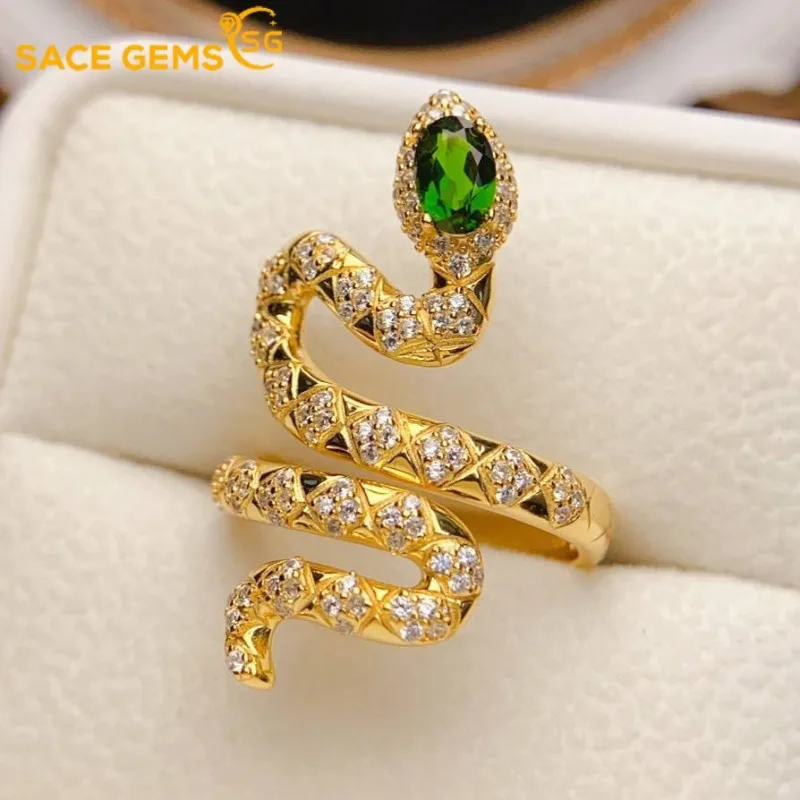 

SACEGEMS Snakelike 925Sterling Silver 4*6mm Natual Diopside Luxury Rings for Women Created Wedding Engagement Party Fine Jewelry