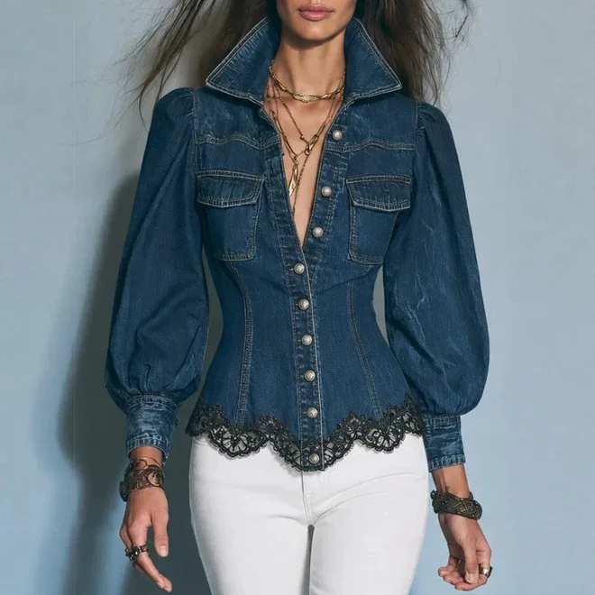 Camisa vaquera para mujer, con cuello de solapa, mangas abullonadas, botones en la parte delantera, dobladillo con encaje, corte ajustado, estilo vaquero vintage, ideal para primavera y otoño, blusa casual, nueva colección.