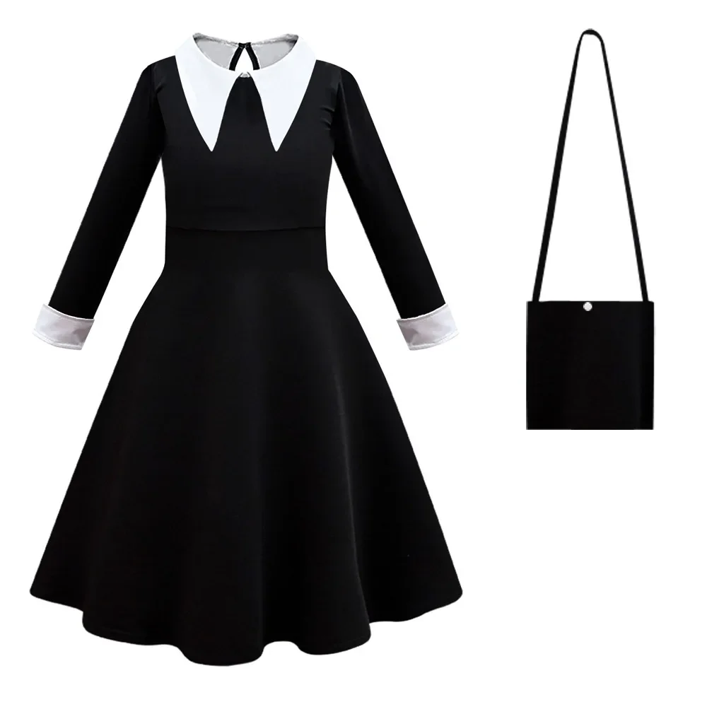 Wednesday Addams Cosplay Costume Wednesday Same Dress Wig Hair Girls Vintage Gothic Outfits Halloween Role Play Clothing