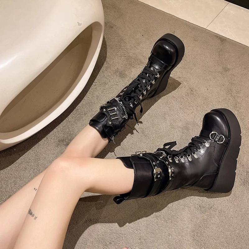 Brand New Ladies Goth Platform Boots Fashion Black Buckle Punk Wedges High Heels Women\'s Boots Party Street Cosplay Woman Shoes