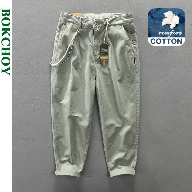 Calça casual de bolso múltiplo masculina, calça larga 100% algodão, monocromática, nova, AZ306, primavera e outono