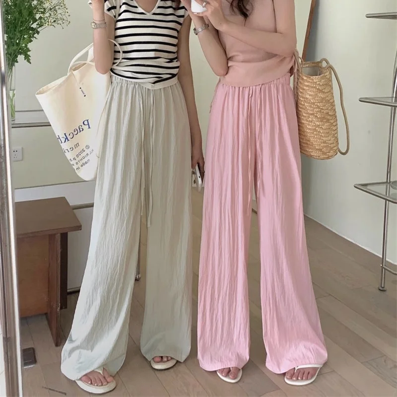 Women Ice Silk Wide Leg Pants Summer Elastic High Waist Straight Pant Pleated Loose Casual Trousers Female Clothing y2k Pants