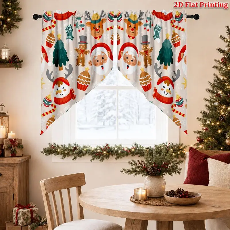 VIKAMA Christmas Cartoon Triangle Curtains, Short Curtains Featuring Santa, Reindeer, and Gingerbread Men, Festive Home Decor