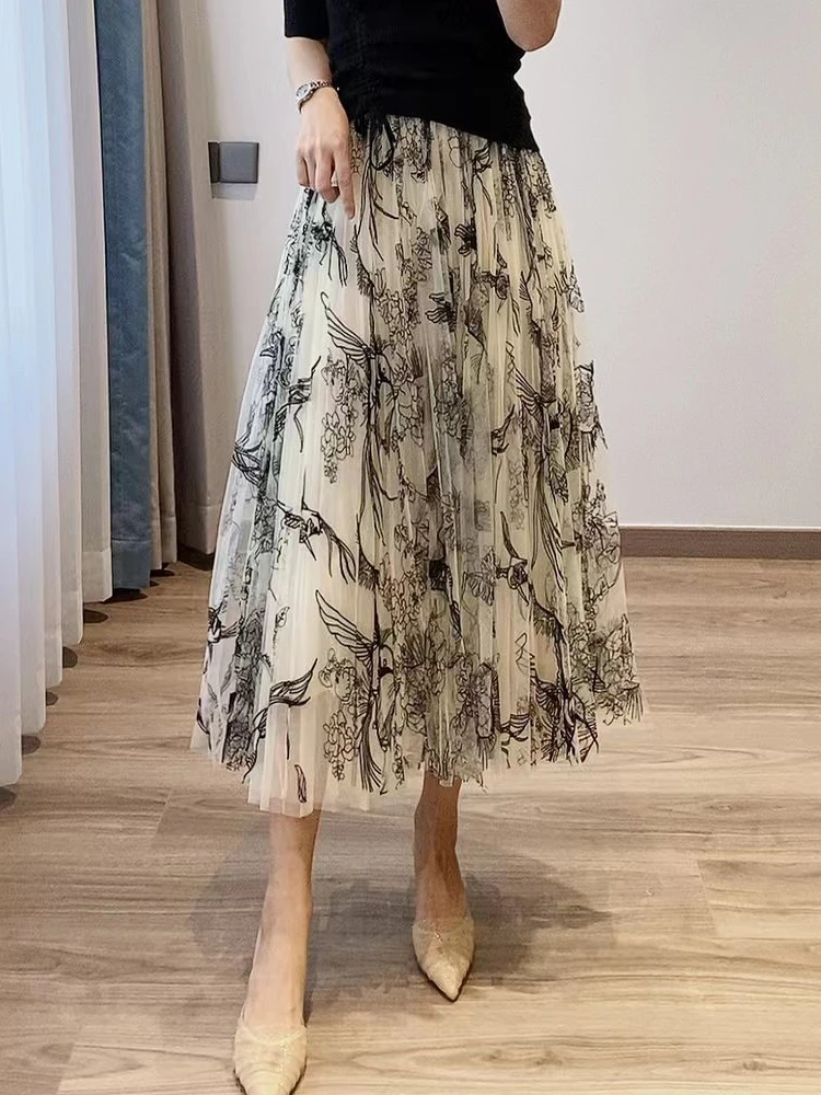 

Women Flocking Flower Bird Tulle Gauze Skirt Elegant Sweet Elastic Waist Midi Floral Mesh Skirt For All Season