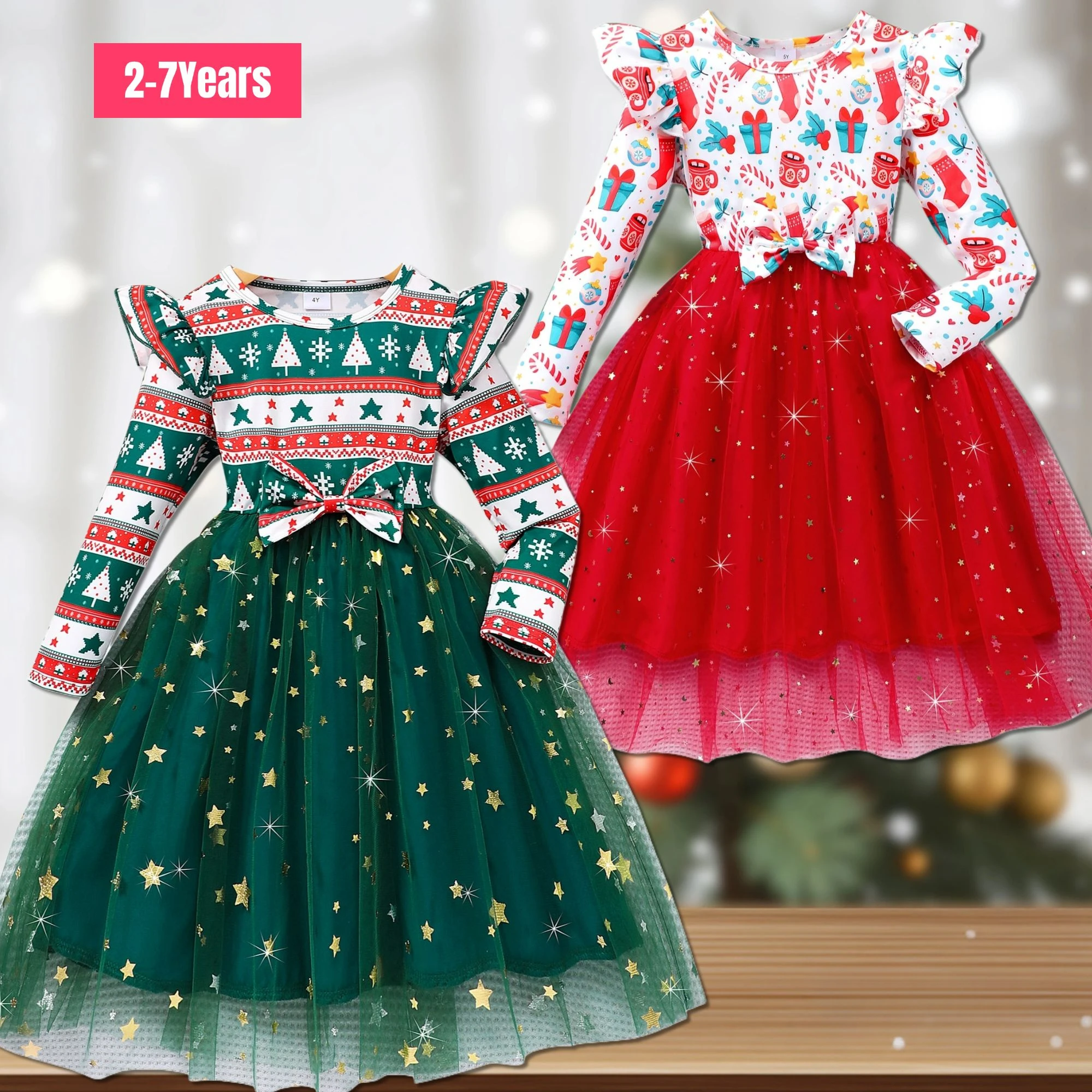 Vestido de Navidad para niñas, primavera Otoño, manga larga, lazo, estilo navideño, regalos de vacaciones, vestido informal para niñas suaves