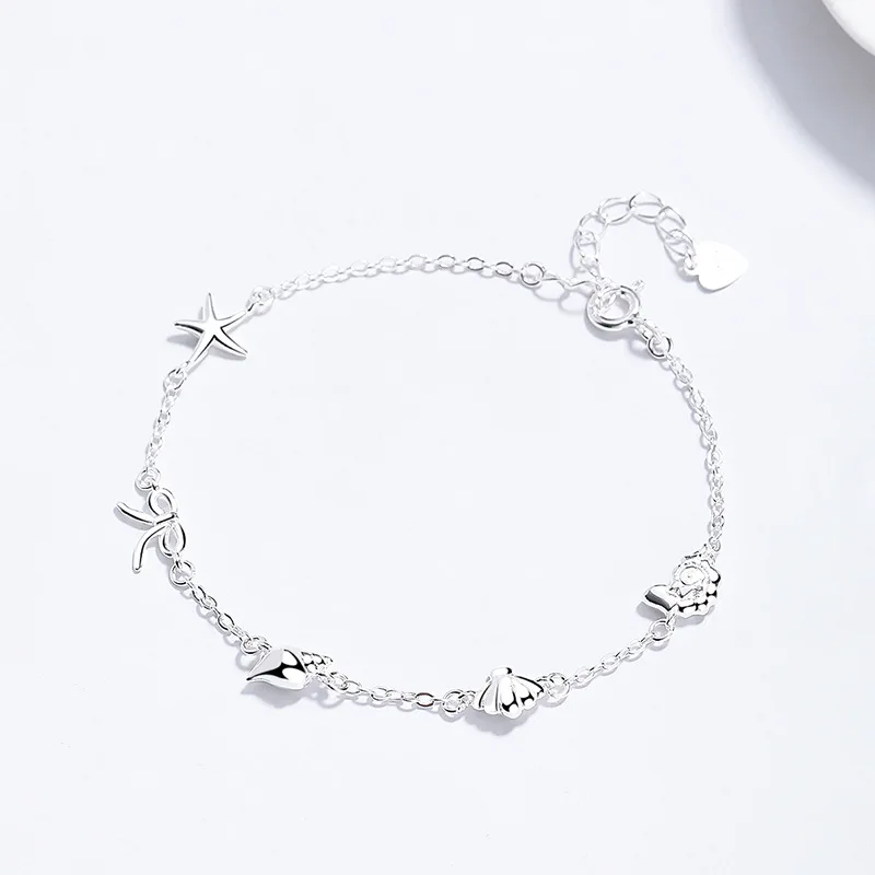 925 Sterling Silver Conch & Seashell Bracelet for Women Starfish and Bowknot Ocean Style Wrist Jewelry Daily Silver Accessories