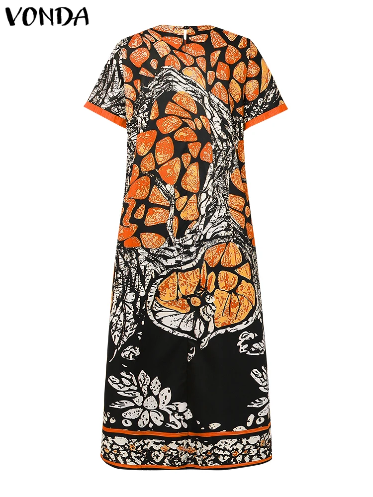 2025 VONDA vestido estampado bohemio de verano para mujer, Maxi Vestidos Vintage de manga corta con cuello en V, vestido veraniego para fiesta, vestido largo holgado informal