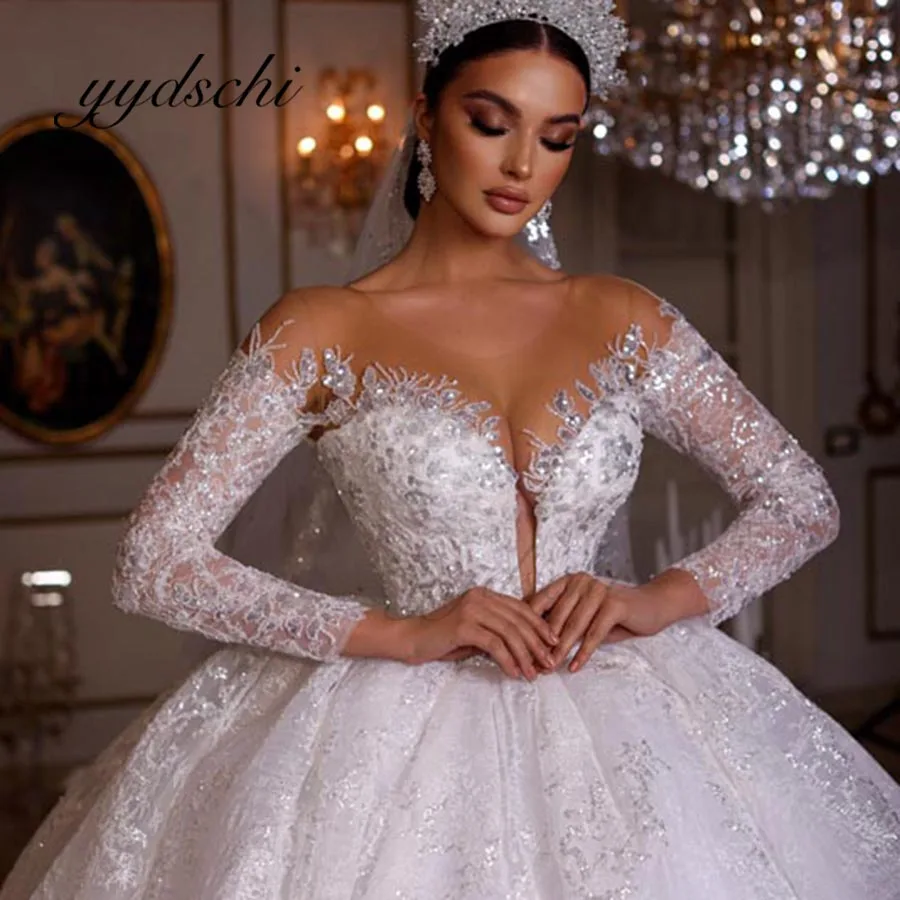 

Shiny Exquisite V-Neck Ball Gown Long Sleeve Off Shoulder Wedding Dress Sparkly Crystal Tulle Applique Bridal Dress for Women
