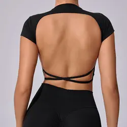 Dames backless crop top high street korte mouw yoga sport gym fitness hardloopkleding vrouwelijke kleding