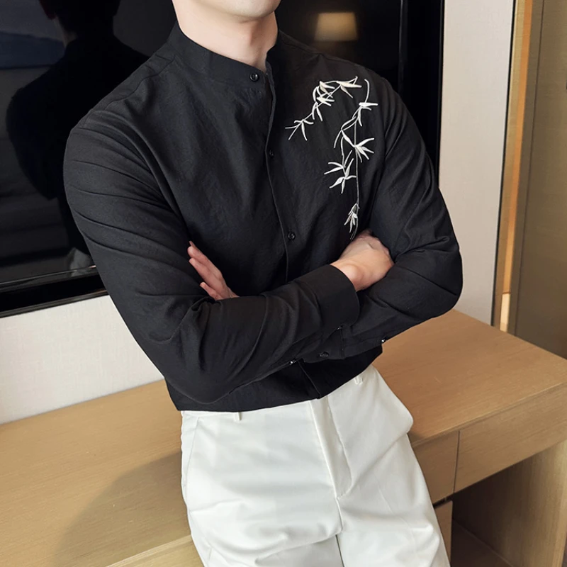 Chinese Style Standing Collar Embroidered Shirt Men\'s Linen Cotton Long Sleeved Shirt Slim Fit Casual Business Dress Shirts 2024