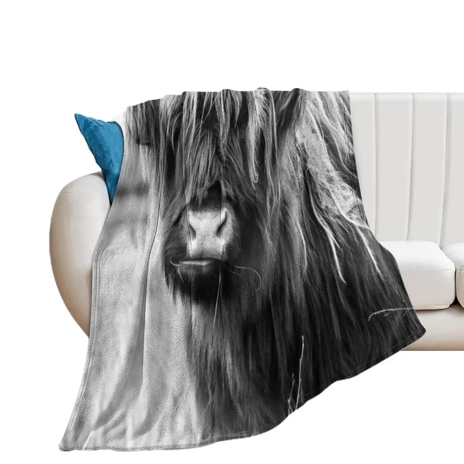 

Highland Cow Portait, black and white Throw Blanket Hairys sofa bed Custom Plaid Blankets