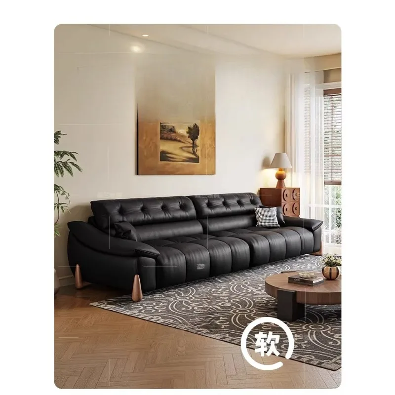 

Italian minimalist leather sofa first layer cowhide living room size modern simple light luxury retro straight row sofa