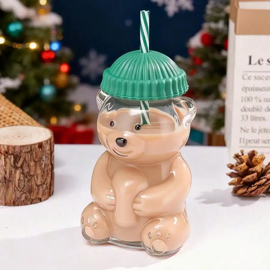 1pc Green hat teddy bear cold drink cup,fashionable hot selling cold drink cup,easy to carry,essential for home travel view 5
