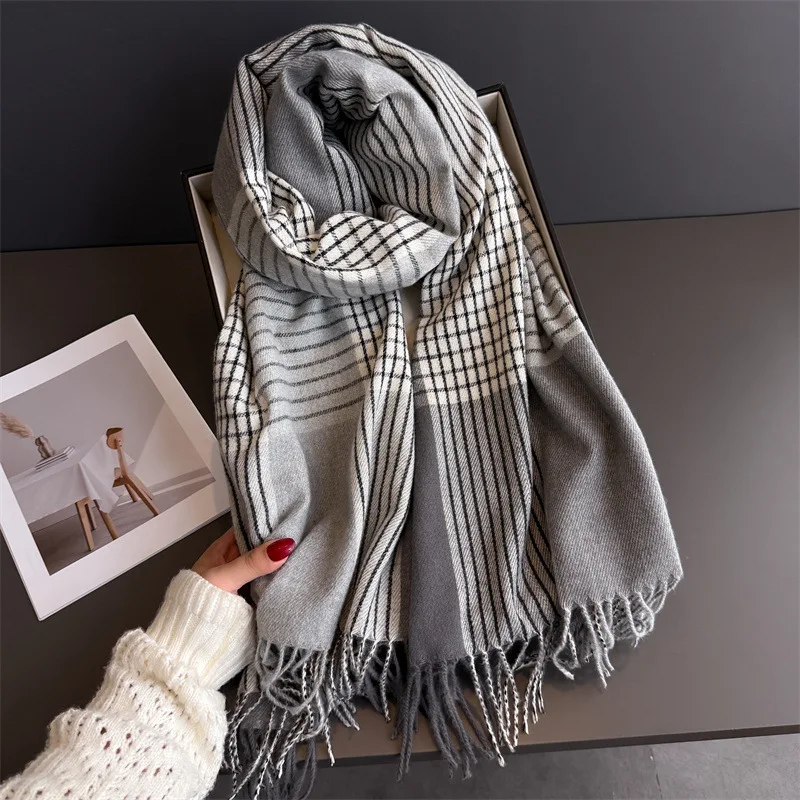 

Модный зимний шарф в полоску для женщин, имитация кашемира, теплая шаль из пашмины, женское пончо Bufanda с кисточками Echarpe
