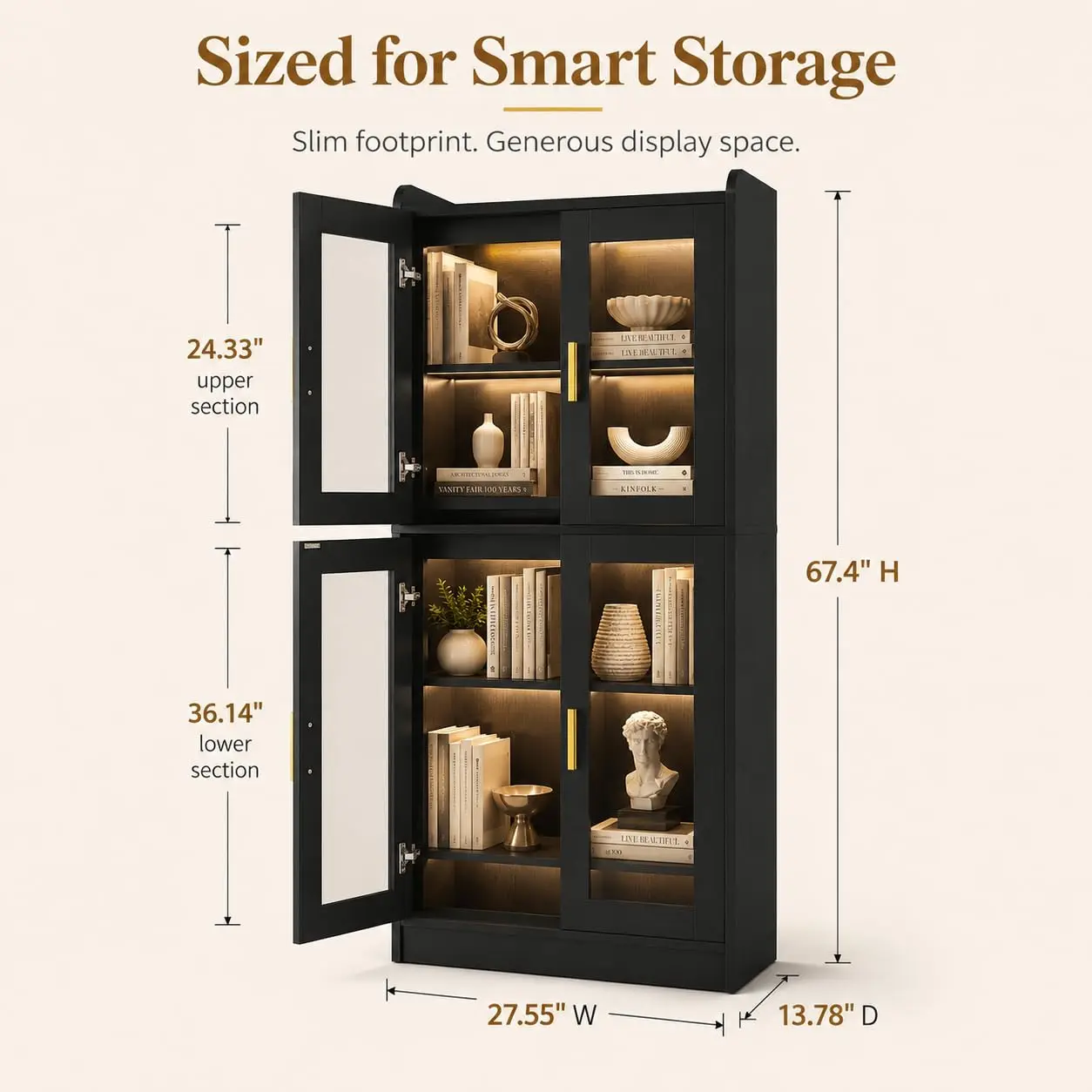 8-Tier Display Cabinet with Glass Doors and LED Lights