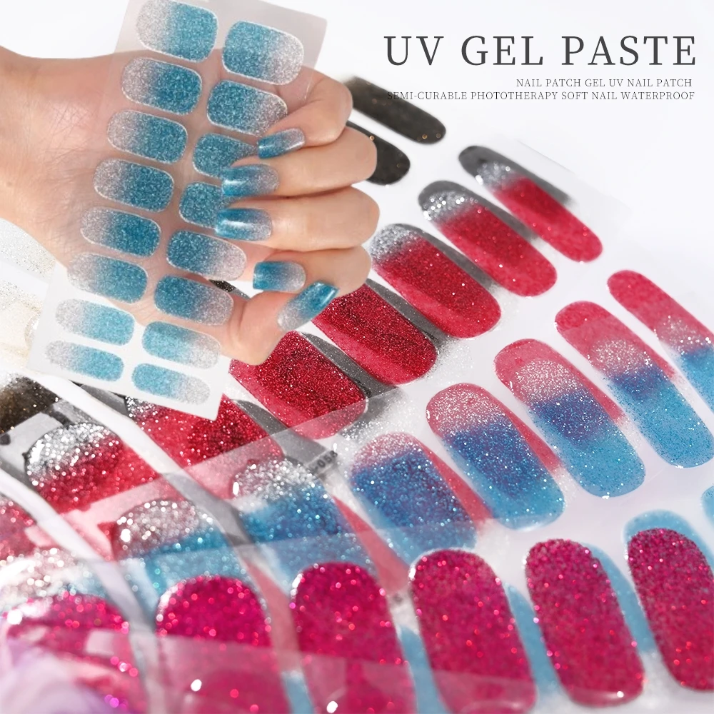 16tips Semi Cured Wraps Fast Gel Gradient glitter Nail Sticker Simple Waterproof 5D Nail Sticker Full Color Solid Color Sticker#