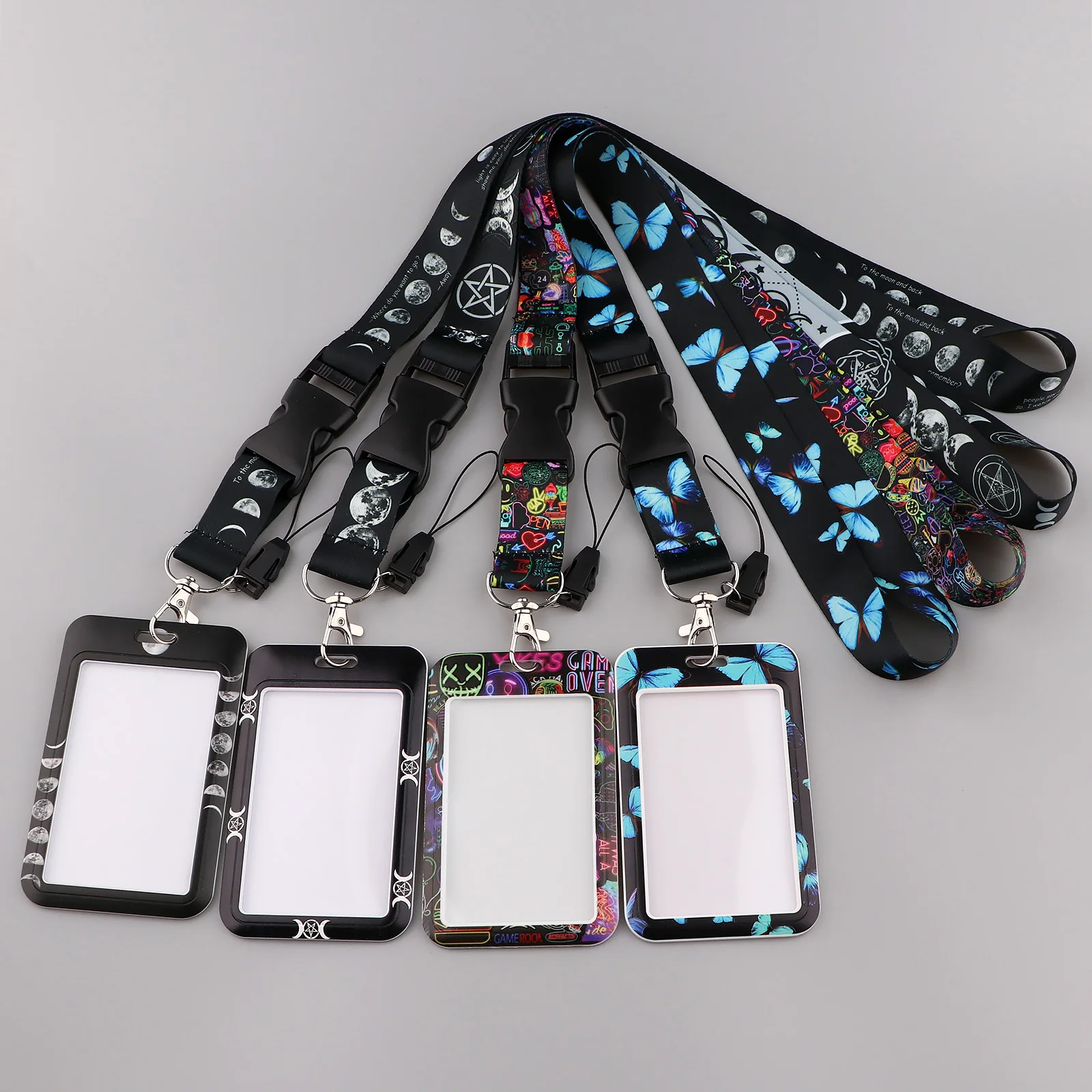 Latch Style Lanyard Butterfly Chinese Rose Badge Holder ID Credit Card Pass Hang Rope Lanyard For Keys Anime Accessories Gifts