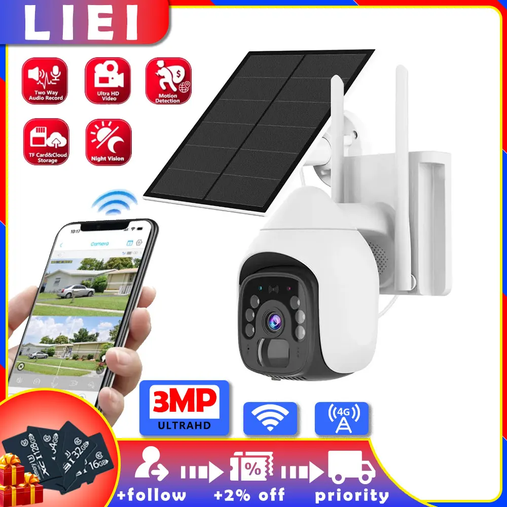 

LIEI WIFI/4G Camera Surveillance Camera Two-way Voice Solar 3MP Dual Lens Camera Recording Battery Outdoor Support 128G TF Card