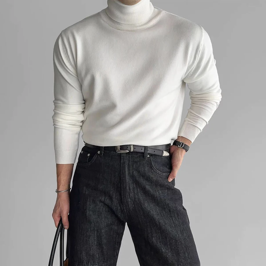 

Двусторонний вязаный свитер с высоким воротом для мужчин, облегающая эластичная толстовка с длинными рукавами и воротником с ворсом, легкий базовый слой