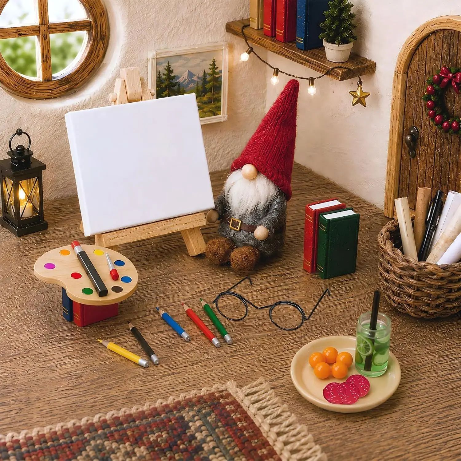 2pcs Dollhouse Mini Painting Art Set 18Pcs, Mini Easel Canvas Palette Books Glasses Model, Micro Scene Decor Accessor