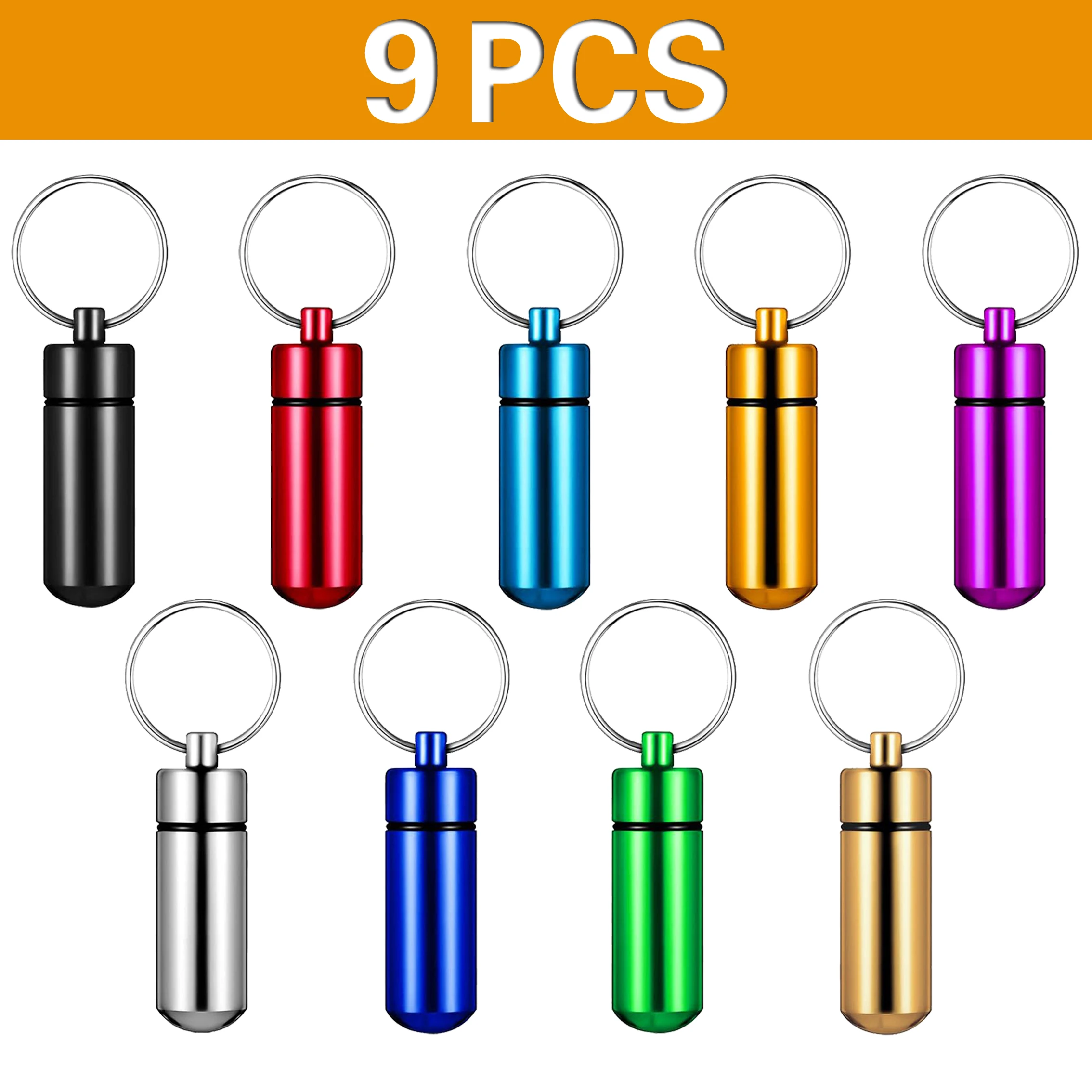 9Pcs Portable Pill Case Waterproof Aluminum Pill Holders Storage Metal Pill Container Keychain for Outdoor Camping Travelling