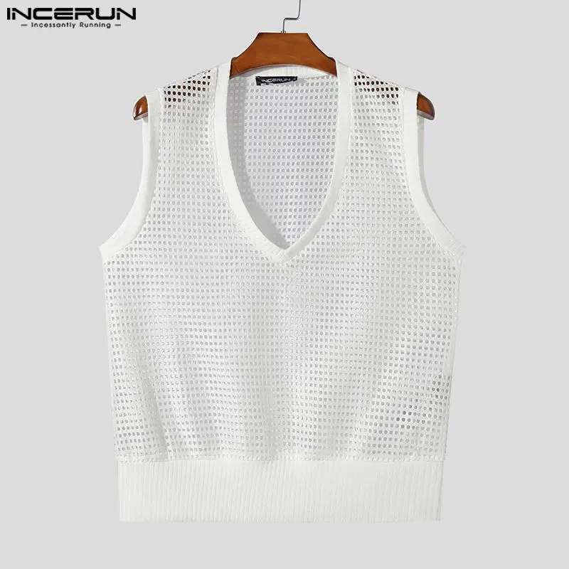 Men Tank Tops Mesh Hollow Out Solid V Neck Sleeveless Summer Male Vests Streetwear Transparent 2024 Fashion Men Clothing INCERUN