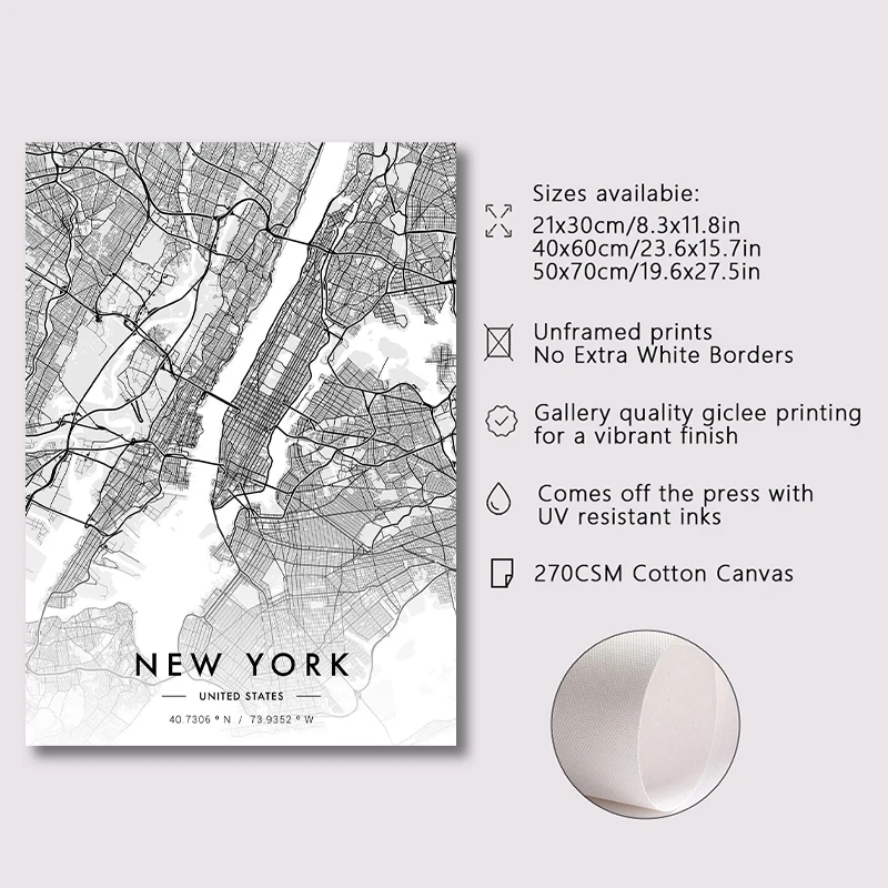 ملصق فني مطبوع بالأبيض والأسود لخريطة المدينة ، باريس ، نيويورك ، لوحة قماشية ، صورة جدارية ، غرفة المعيشة ، ديكور المنزل