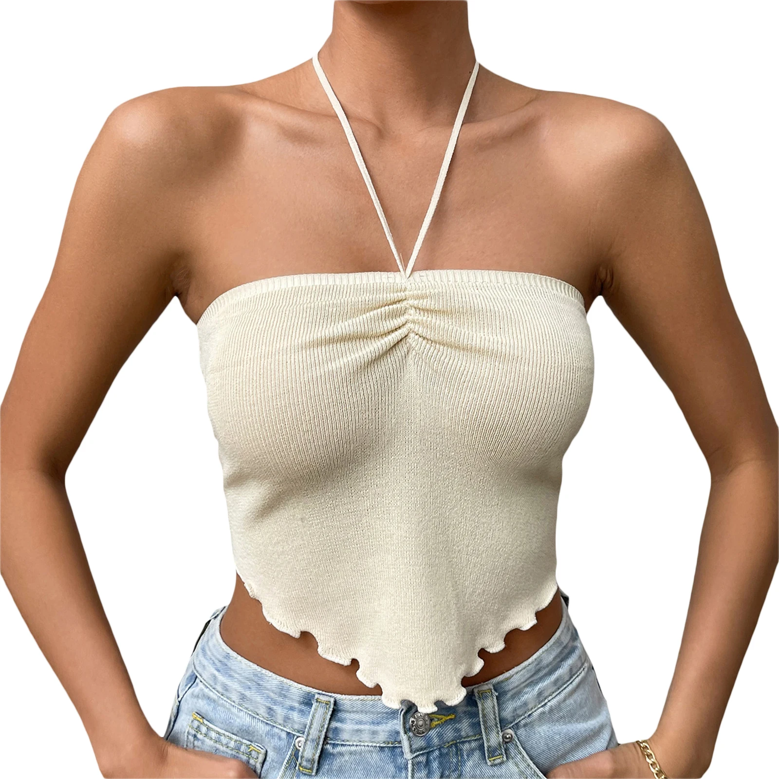 Women s Off-Shoulder Ruffled Hem Ribbed Knit Crop Bandeau Tube Top Tie-up Twist Knot Solid Slim Fit Crop Tank Bustier