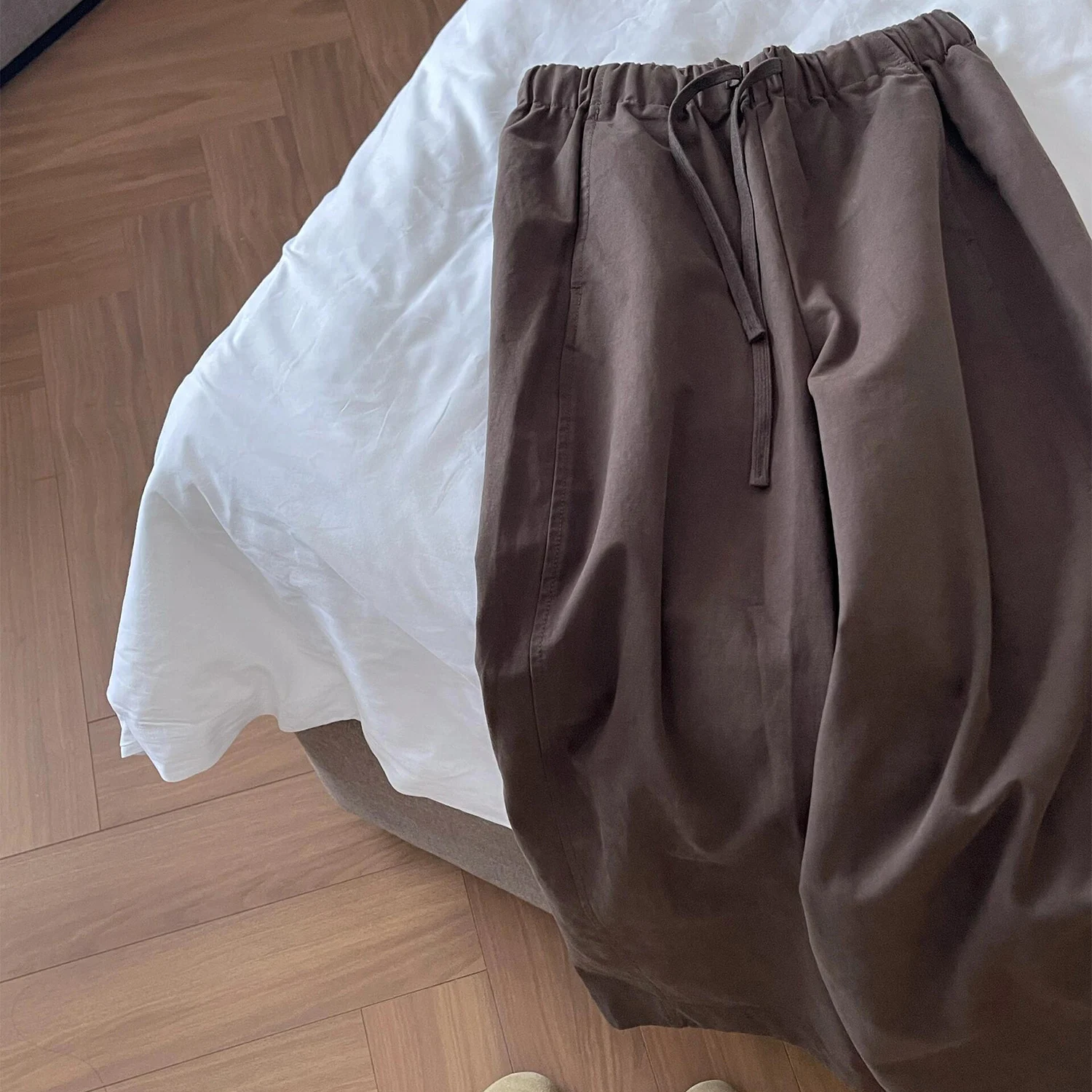 Diepbruine string elastische taille vintage wijde pijpen broek dames casual losse afslankende ballonbroek hoge taille katoen