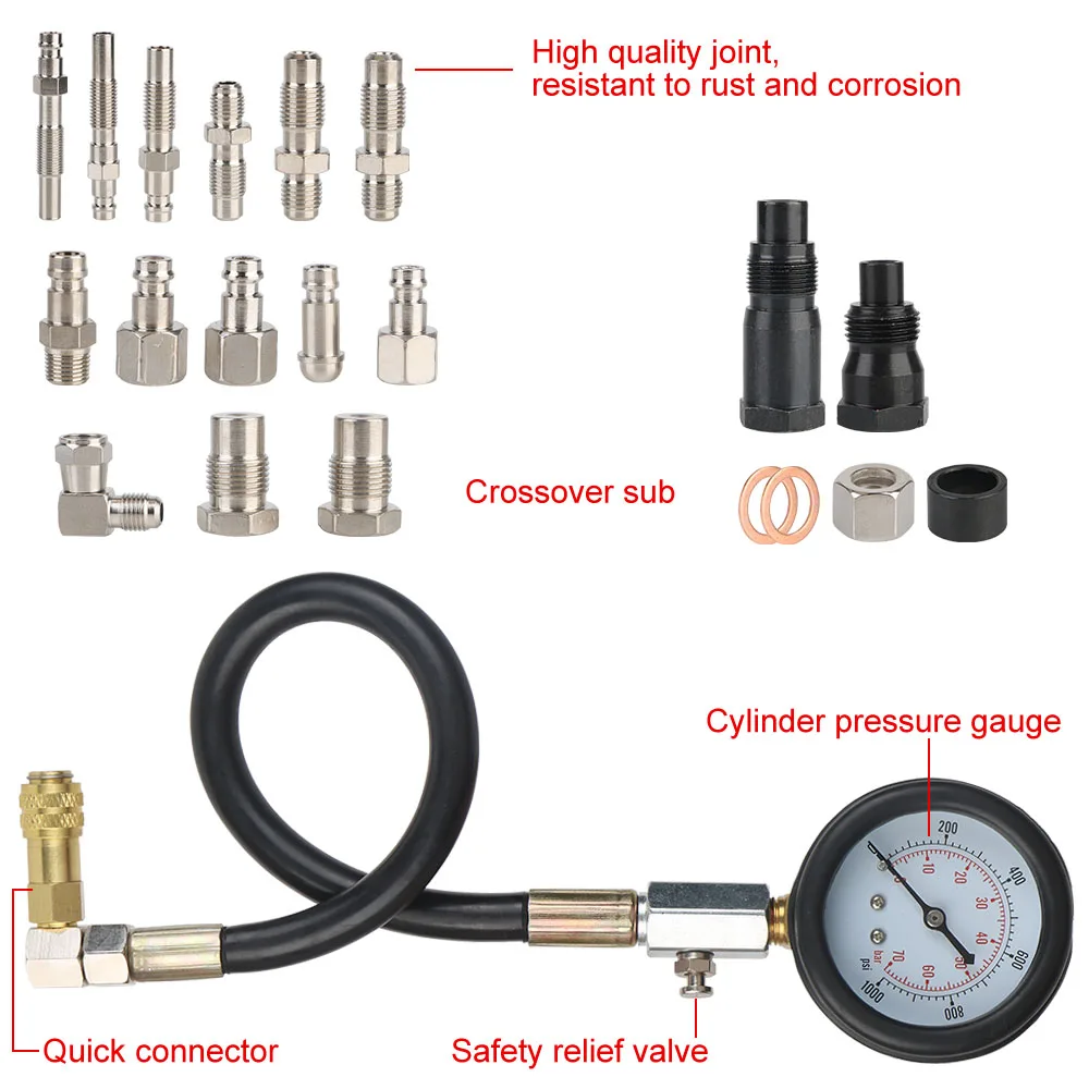 18PCS TU-15A Diesel Engine Cylinder Compression Tester Kit Gauge Kit Adapter Set 0-1000Psi Gauge Diagnostic Tools Kit Car Tools