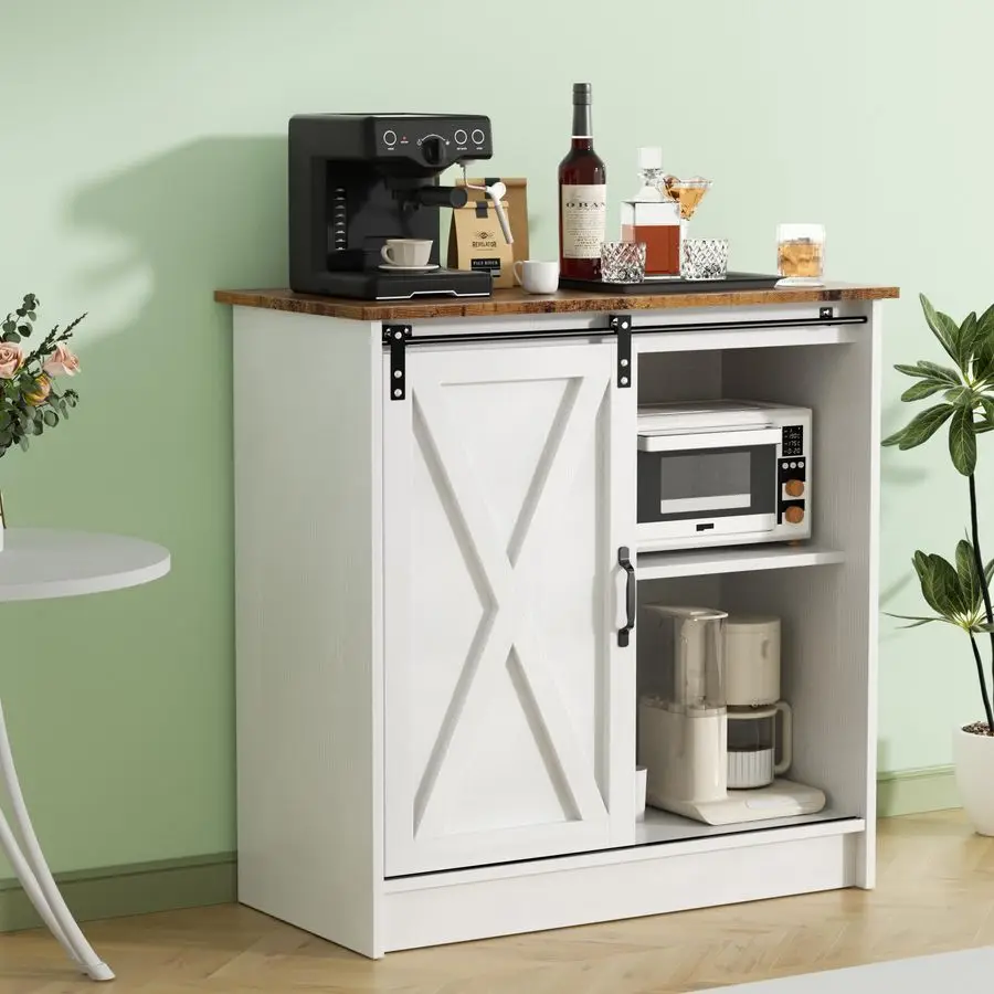 

Coffee Bar Cabinet, Coffee Bar Table with Sliding Barn Door, Suitable for Kitchen, Dining Room and Living Room