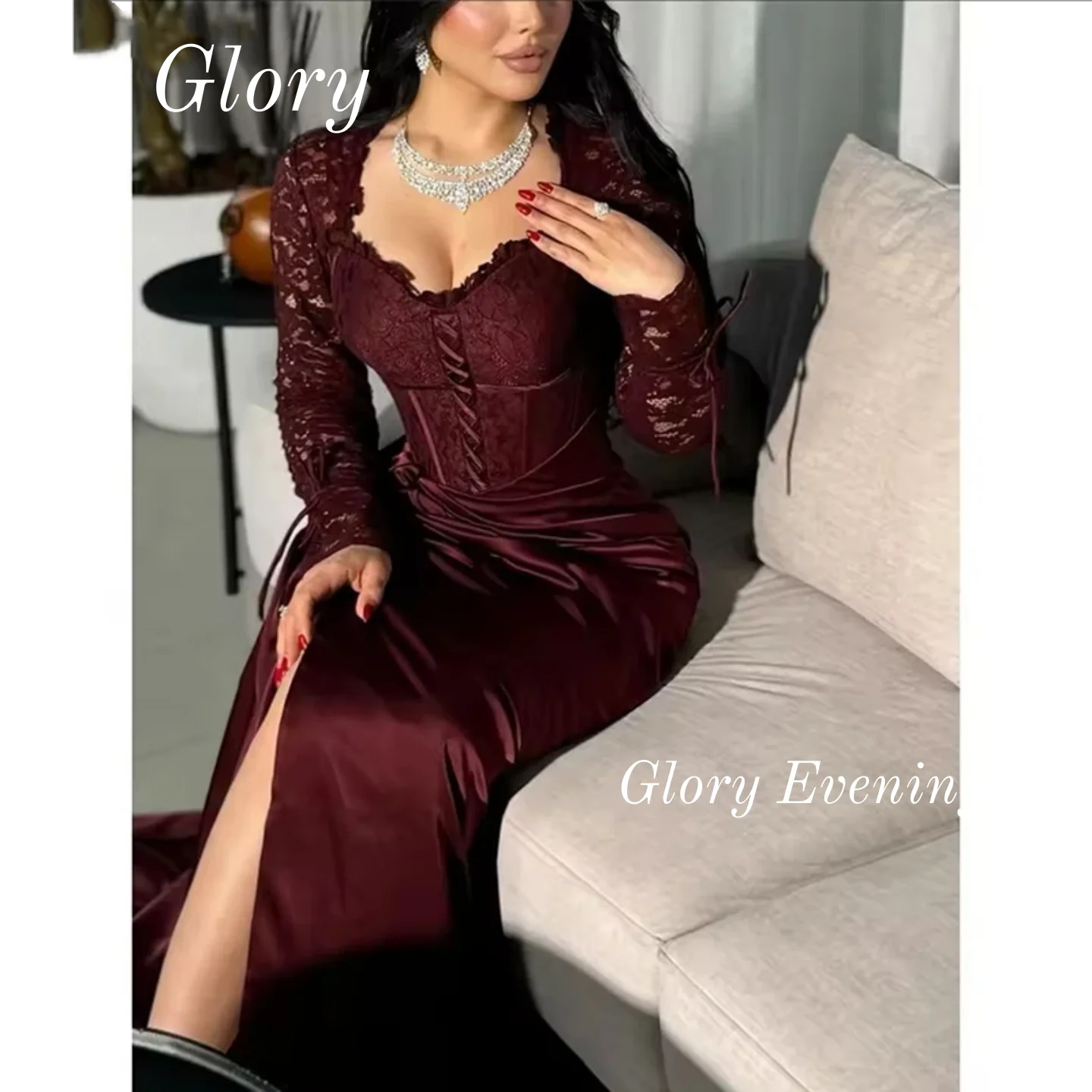 Sukienka wieczorowa z długim rękawem, czerwona, z plisami, wysokie rozcięcie z boku, sukienki na studniówkę, wysokie rozcięcie z boku, sukienki na formalne okazje, sukienki ślubne 2026