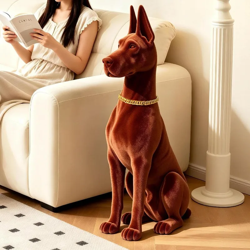 Flocking Doberman Statue Luxury Flocked Dog Sculpture Living Room TV Cabine Bedroom Ornament Housewarming Decorative Gift