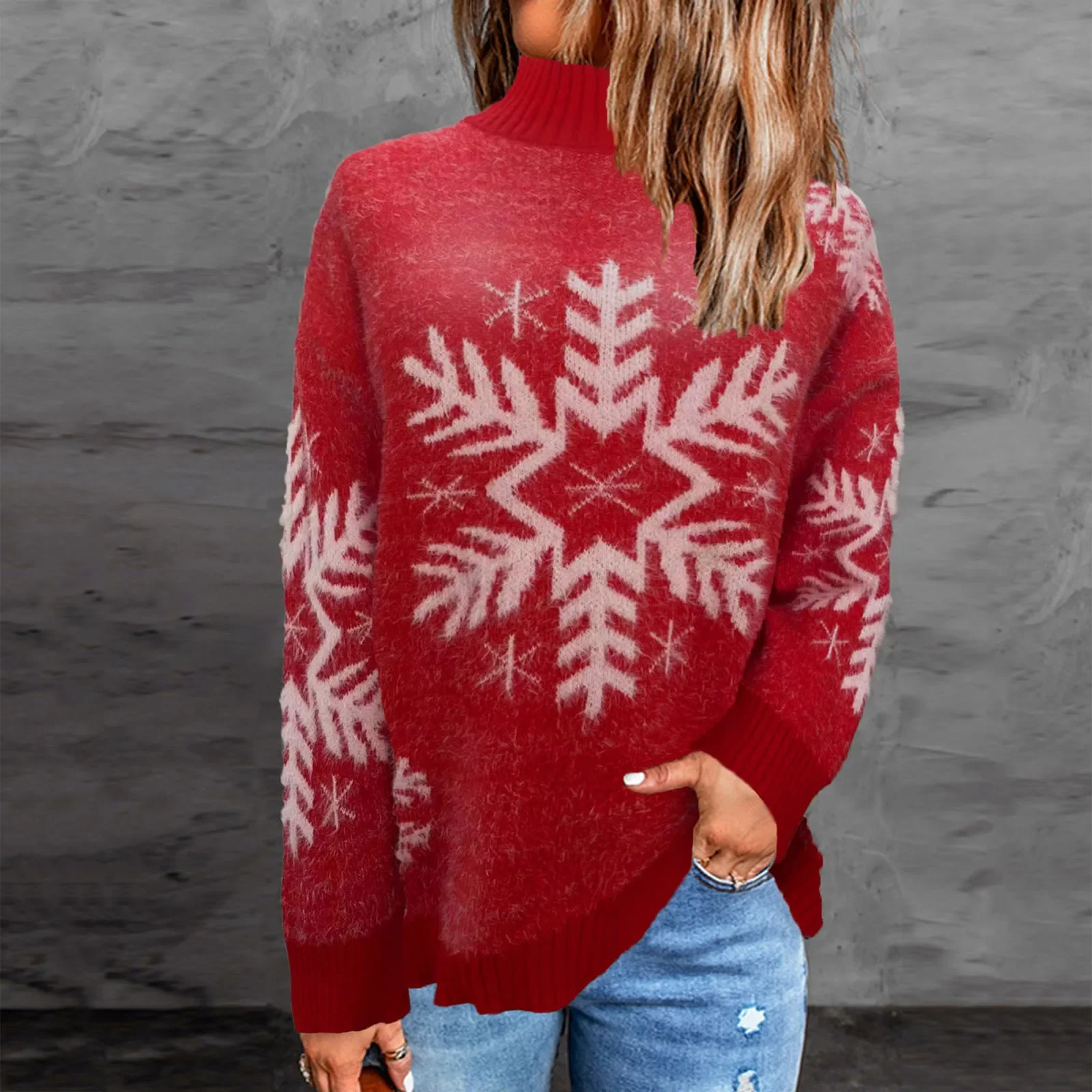 

Christmas 2023 Women's Sweater Snowflake Print Warm Thicken Jumper Casual Loose Oversized Knitwear Full Sleeve O Neck Pull Femme