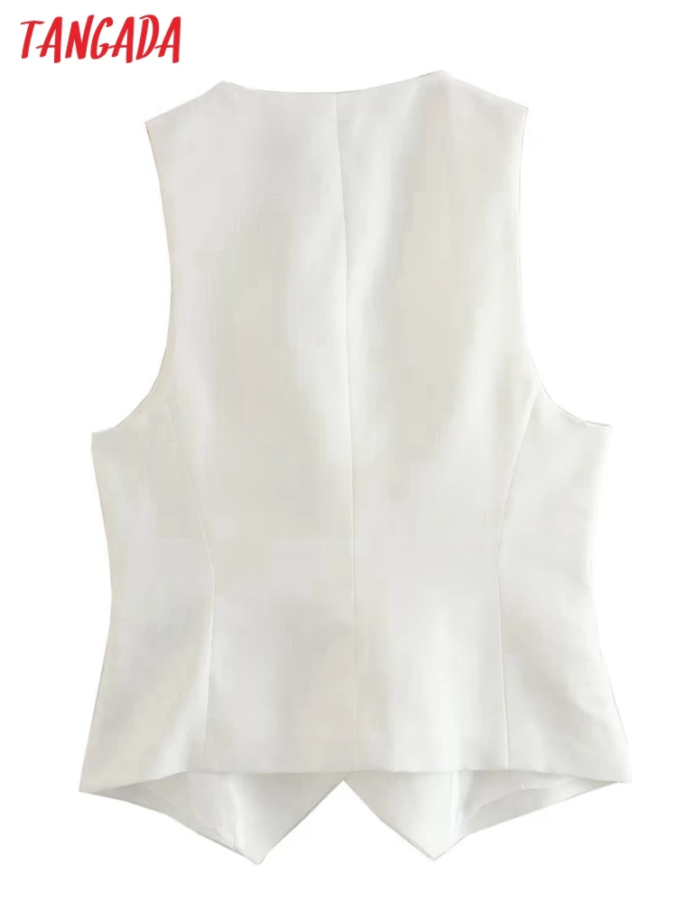 Tangada 2023 Women Vintage Cotton Linen White Cropped Waistcoat Female Chic Sleeveless Coat 4M355