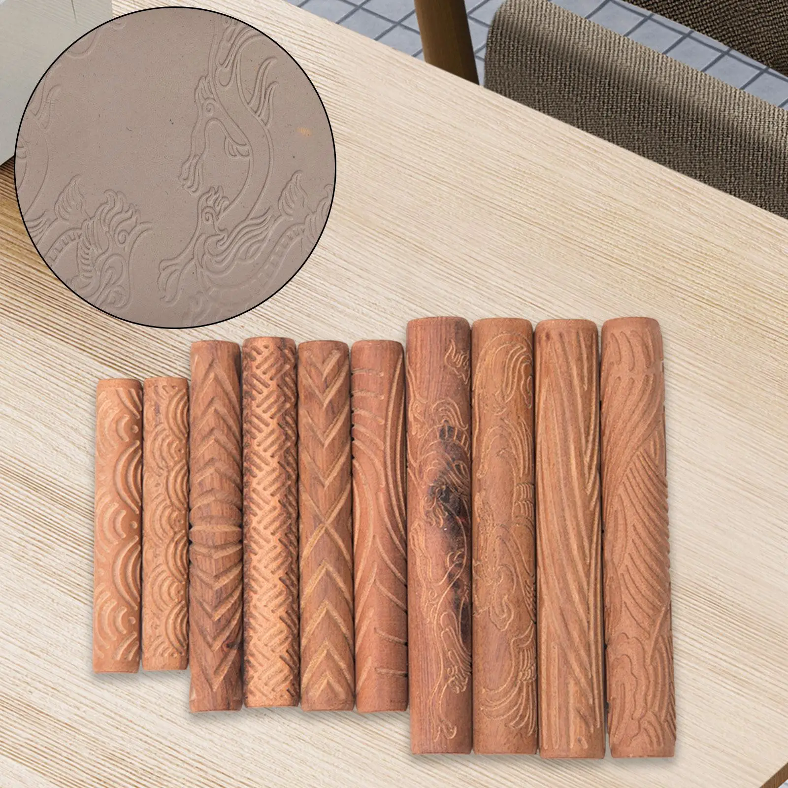 

10Pcs Clay Modeling Pattern Rollers Textured Hand Roller Wooden Handle