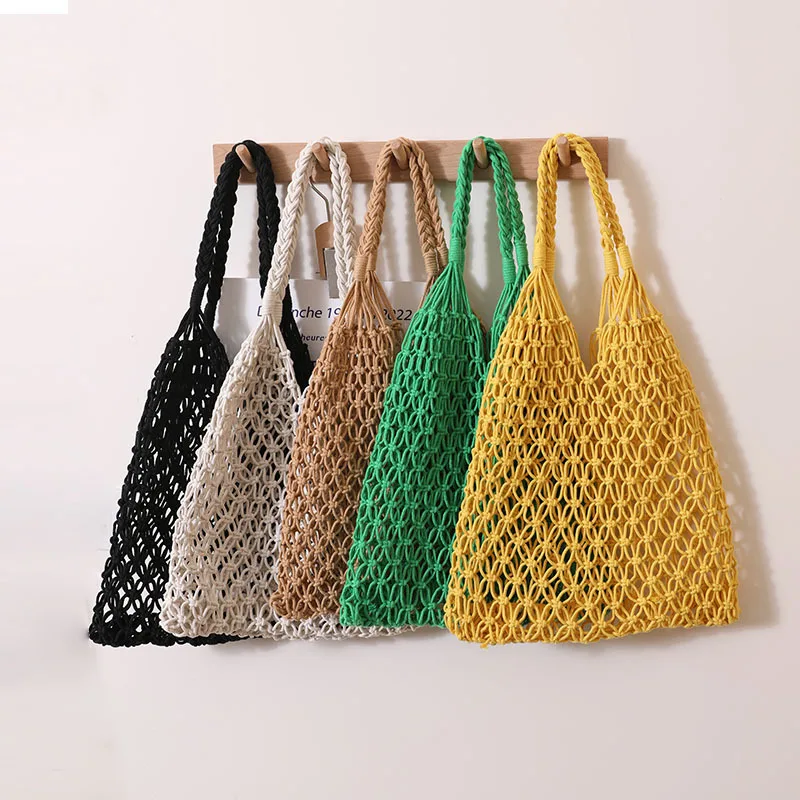 Casual Hollow Fishnet Women Handbags Rope Woven Lady Shoulder Bags Handmade Summer Beach Bag Braid Small Tote Bali Purses 2022