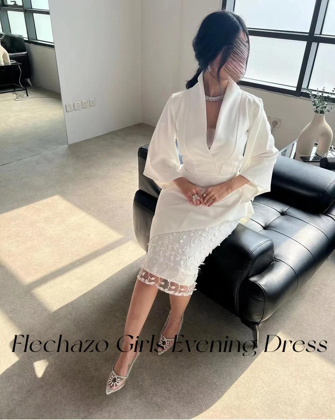 Flechazo White Evening Dresses V Neck Three-Quarter Knee-Length Simple Elegant Summer Party Dress For Women 2024 فساتين السهرة