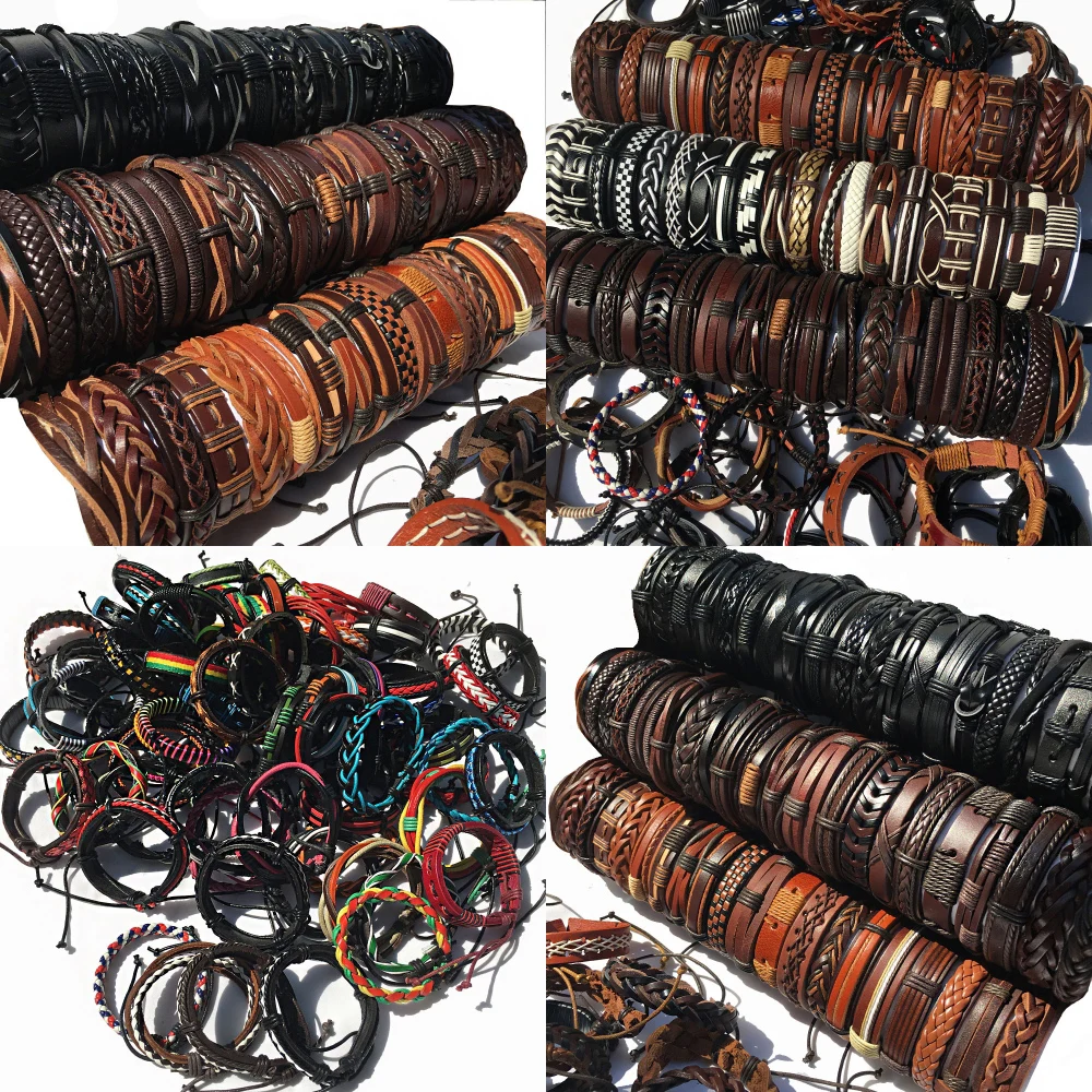 

Random 100Pcs/set Weave Wrap Leather Men Bracelets for Women Bangles Femme Homme Male Jewelry Pulsera Hombre Erkek Bileklik WP14