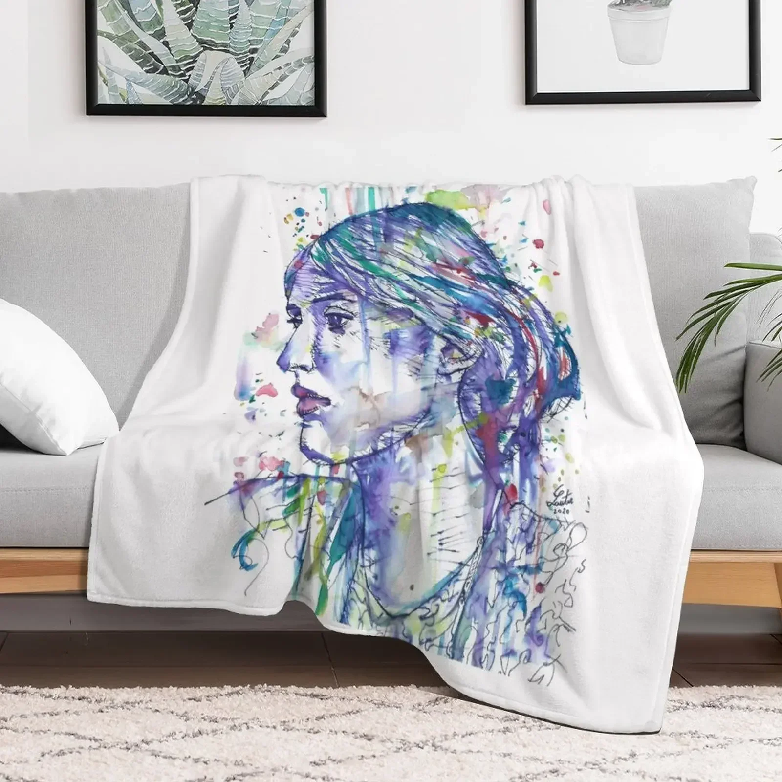 

VIRGINIA WOOLF watercolor and ink portrait.1 Throw Blanket Beach anime Blankets