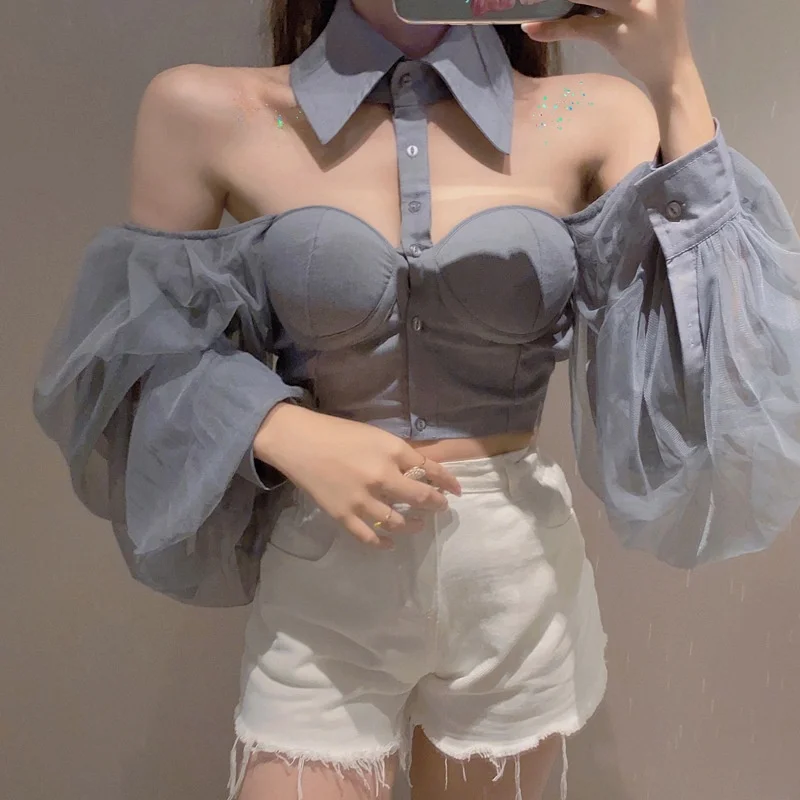 

Me Panel Cropped Long Sve Irt oulder Bared ort Sle Women's Faion Корейская версия Полиэстер Blend irt