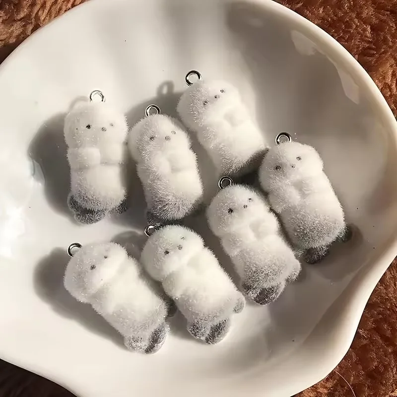 6 Cute Otter Resin Charms – Soft Flocked Sea Animal Ornaments, Perfect for DIY Jewelry