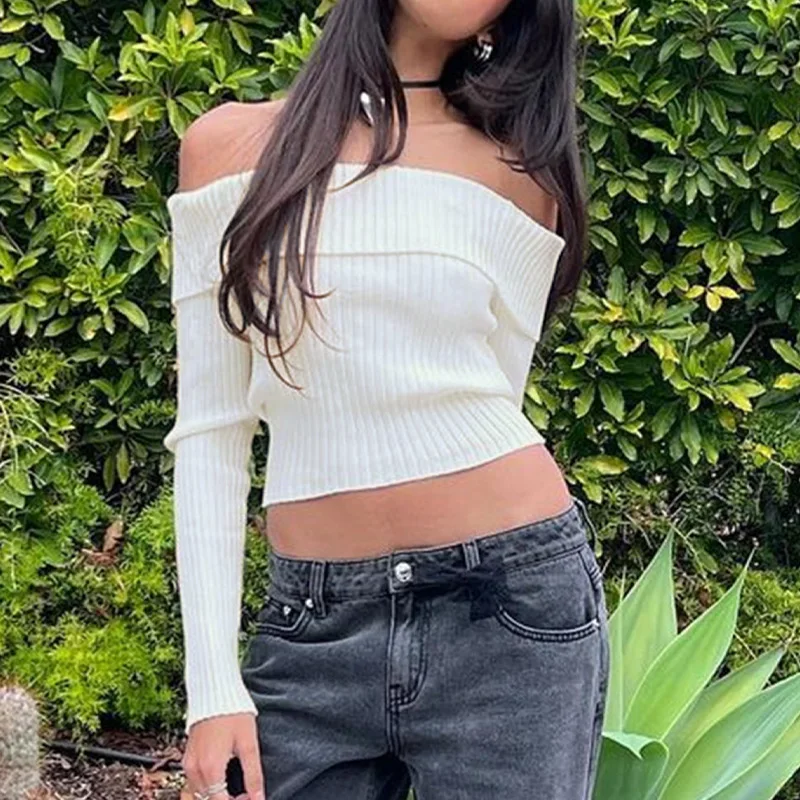 2025 autumn new cross-border casual sexy style one-neck short cropped white sweater knitted shirt
