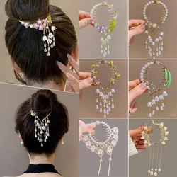 Elegant Lily Of The Valley Flower Pearl Rhinestone Tassel Ponytail Buckle Hair Bun Clips Hair Pins Women Girls Hair Accessories