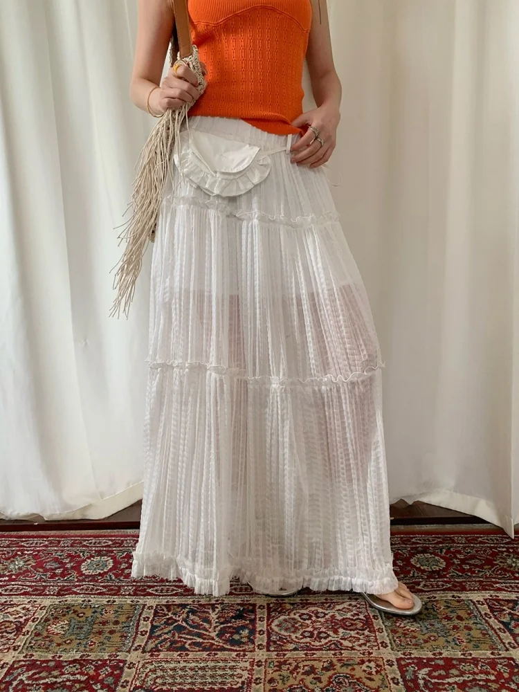 

Summer New White Pure Desire Pleated Design Elastic Waist Lazy Slimming Fairy Skirt Women's Casual Sle Ciwalk Polyester F...