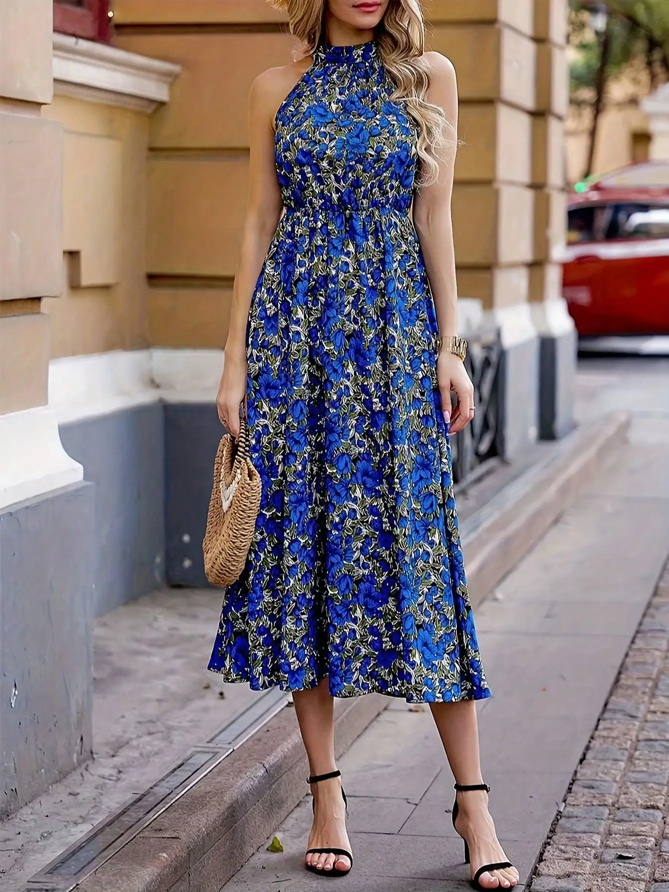 Sommerliches Elegantes Blumenprint Ärmelloses Kleid Rundhals Modischer Urlaubsstil Damenmode Sommerkleid
