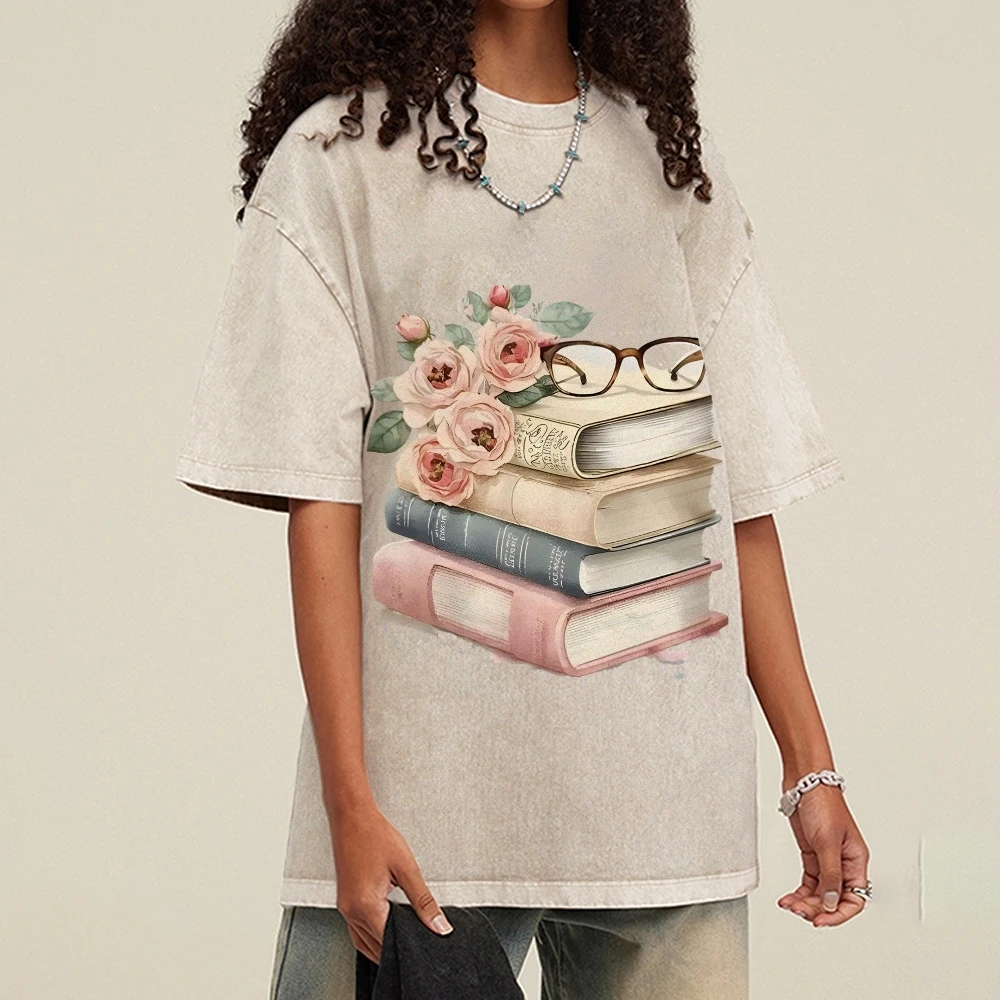 

Y2k Graphic Tee, Charming Watercolor Books and Roses Print, Intellectual & Romantic, Soft Fabric for Sophisticated Casual Looks