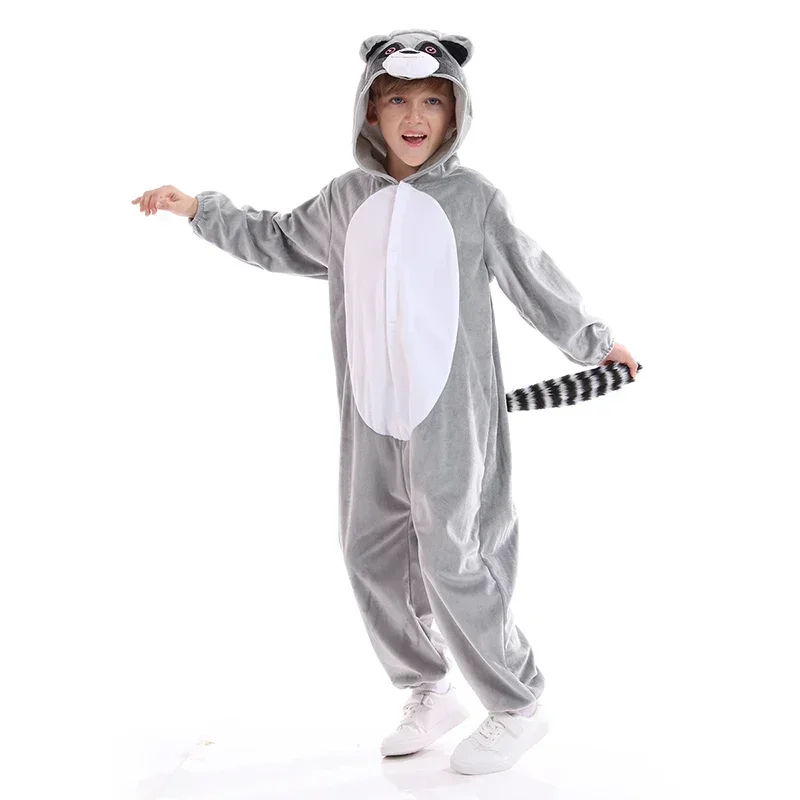 Unisex Halloween Grey Raccoon Cosplay Costume Kids Children Raccoon Animal Onesie Pyjamas with Tail Christmas Animal Bodysuit