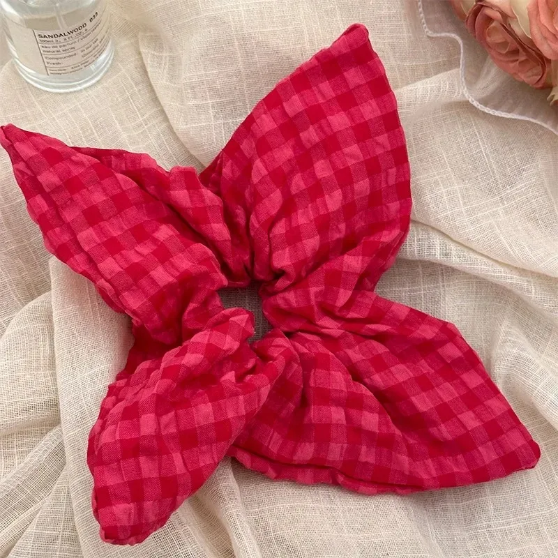 1PC Sweet Raspberry Pink Checkered Square Large Intestine Hairband Feminine Style Versatile Low Ponytail Elastic Band