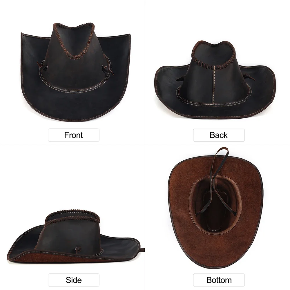 Genuine Leather Cowboy Hat for Men Vintage Handcrafted Western Shapeable Wide Brim Durable Large 60CM Outback Hat